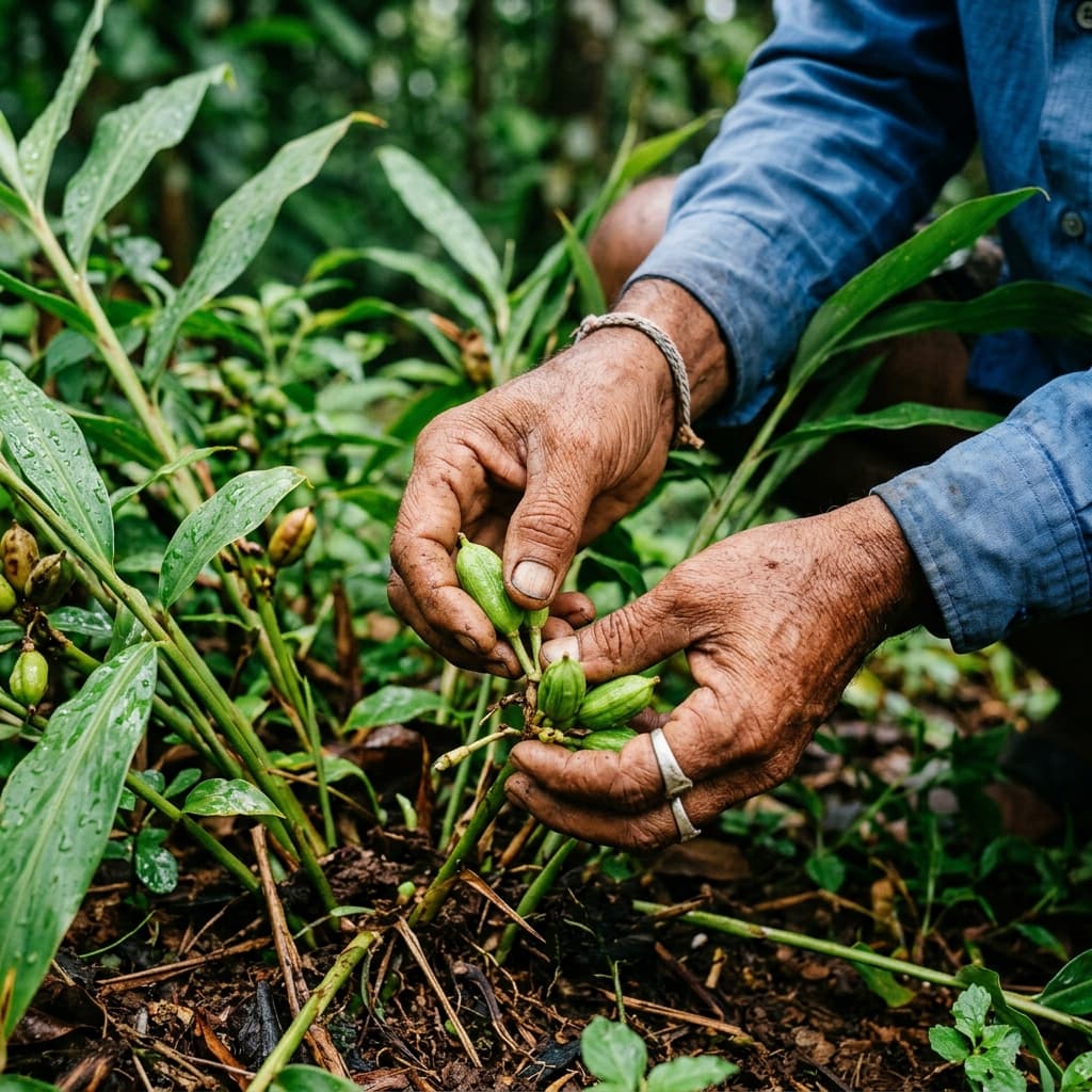 Hand-picking fresh green cardamom pods on the farm